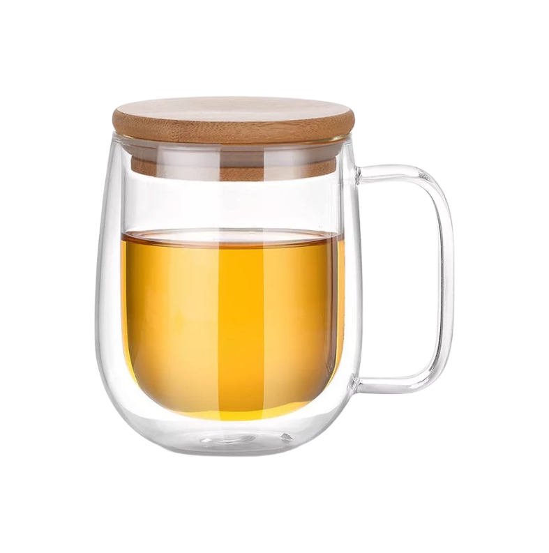 Double glass transparent tea cup, Heat-resistant glass cup with lid